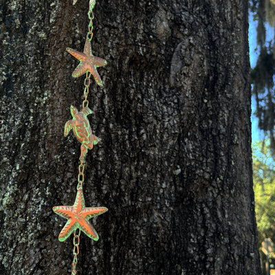 Coastal Metal Sea Turtle and Starfish Garden Rain Chain, Copper and Verdigris, 84 Inches High