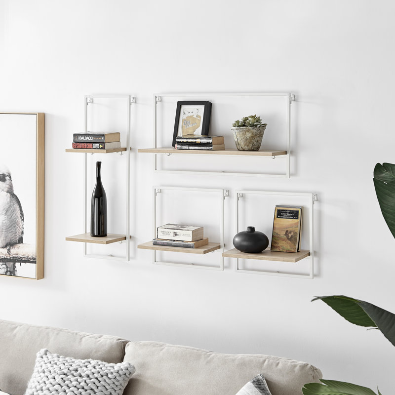 Brooksville Manufactured Wood and Iron Wall Mounted Accent Shelf (Set of 4), White/Maple