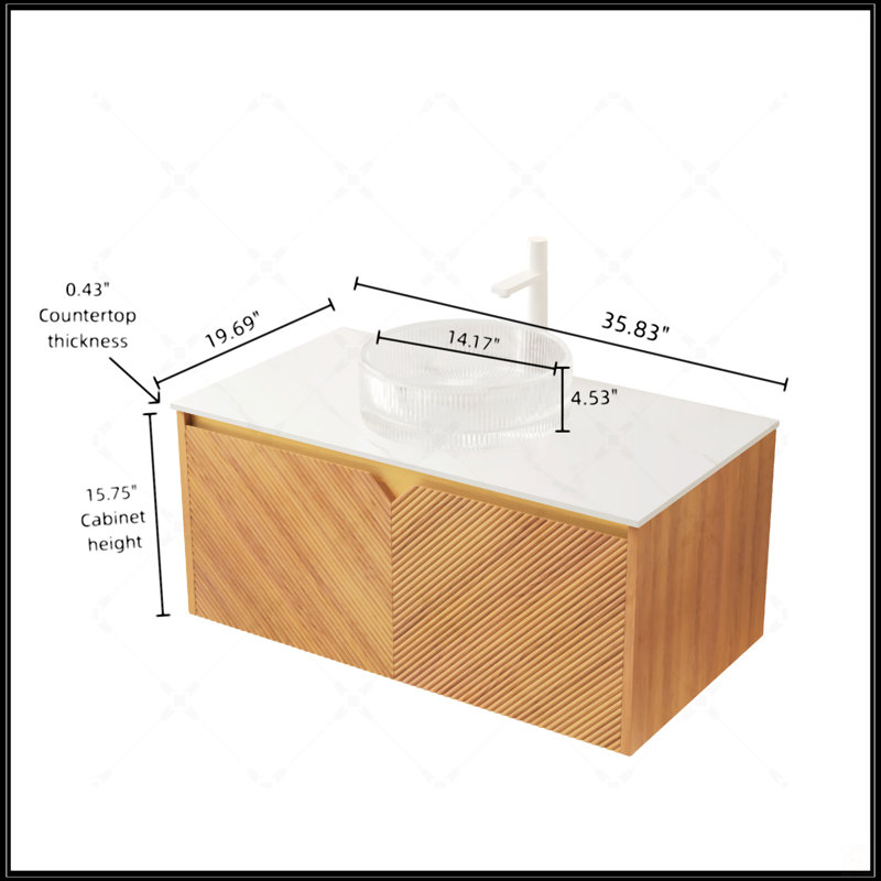 Meuble-lavabo de 36 po avec rangement flottant, lavabo en verre transparent et plateau en pierre frittée Carrara, finition chêne brun