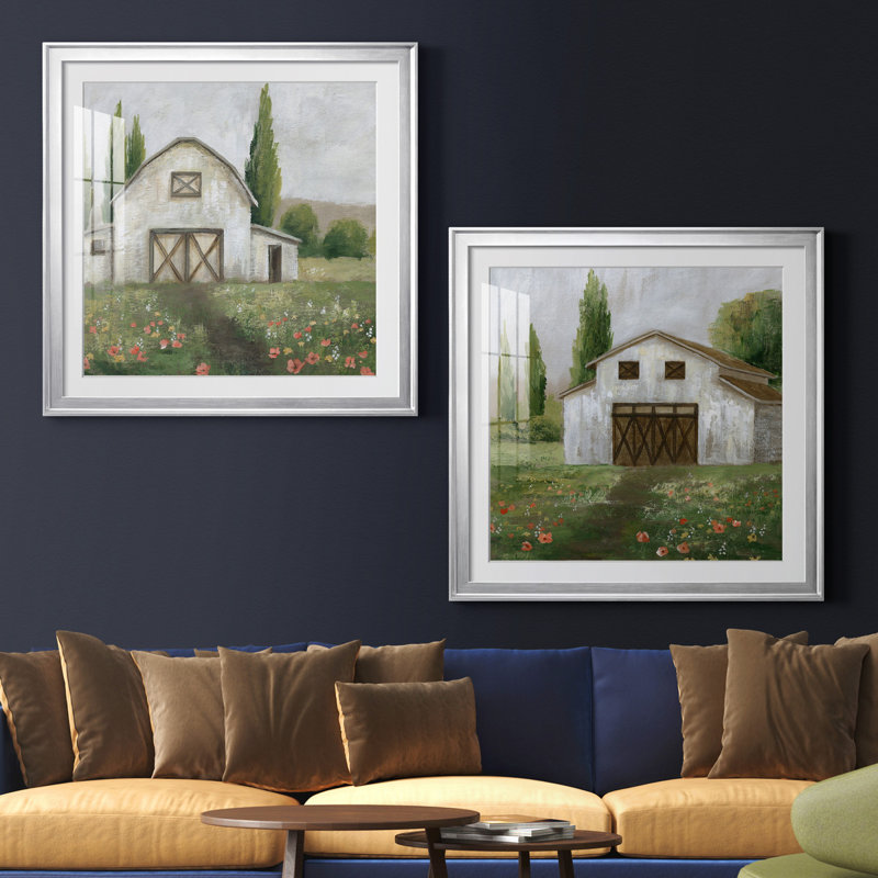 Country Barn I - ensemble de 2 reproductions d'art, H 26,5 po x l 53 po x P 1,5 po, Papier avec cadre argenté, Blanc