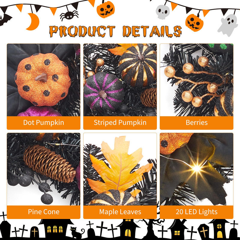 Couronne de citrouilles d'Halloween pré-illuminée de 50 cm avec minuterie pour porte d'entrée