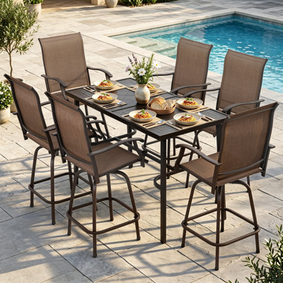 Outdoor 7-piece Bar Set With Umbrella Hole, Textilene Swivel Bar Stools