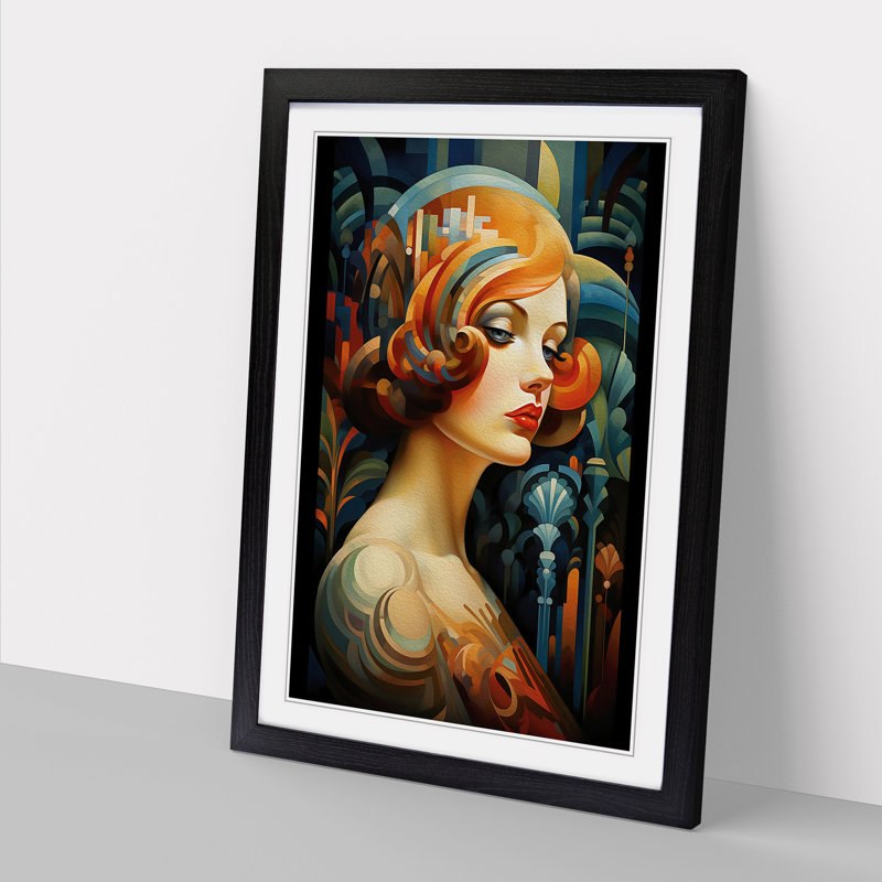 XYZ-FRM-V1223-1711 Woman With Curls Art Deco - Single Picture Frame Print on Wood, Black , 46cm H x 34cm W x 2cm D