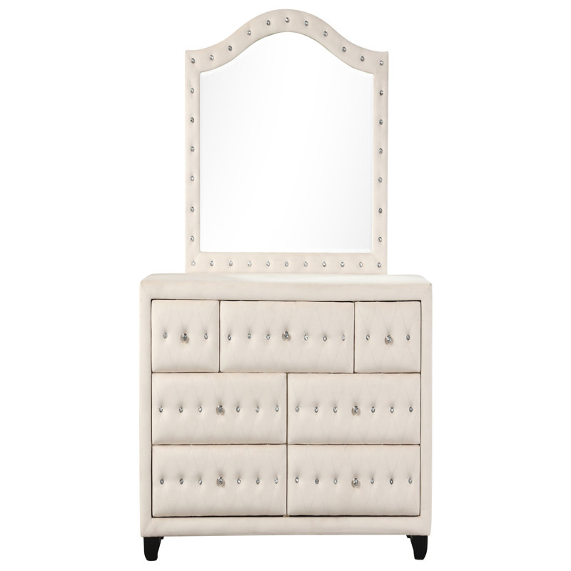 Commode capitonnée à 7 tiroirs de style moderne avec tissu en velours et bois, Crème, crème