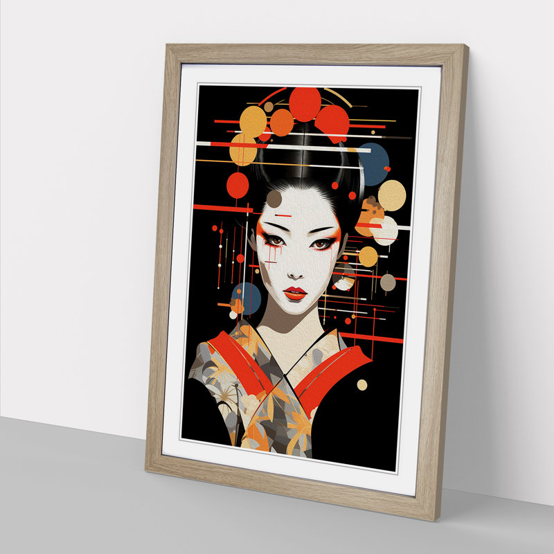 Geisha Constructivism - Single Picture Frame Print on Wood, 46cm H x 34cm W, Oak Framed
