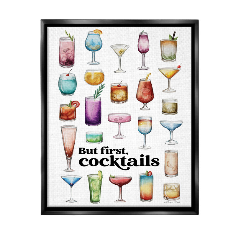 "But First Cocktail" par Susan Ball sur toile, Cadre flottant noir de jais, H 21 po x l 17 po