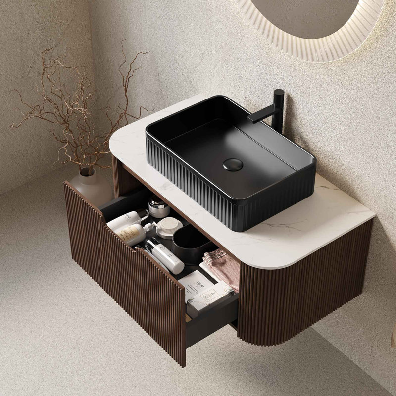 Meuble-lavabo de salle de bain avec lavabo, meuble de rangement mural à bords courbés et rayés avec 2 tiroirs, lavabo rectangulaire en céramique, sans robinet, pré-assemblé
