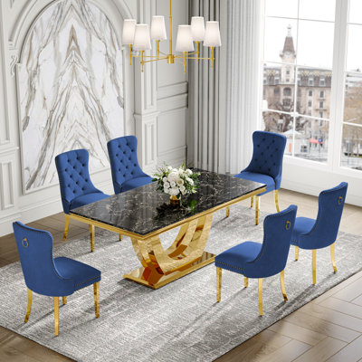 Ensemble de table de salle à manger 7 pièces, panneau de fibres à densité moyenne avec placage de marbre et 6 chaises de salle à manger en velours - Mobilier de salle à manger moderne pour 6