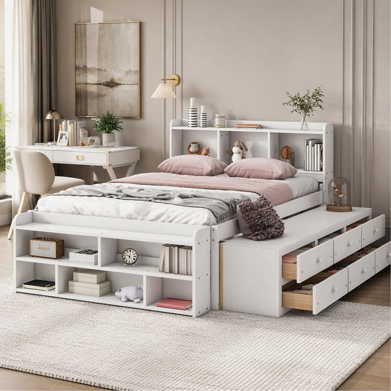 Lit double avec tête de lit bibliothèque, tiroirs de rangement sous le lit et étui de rangement pour bout de lit, blanc