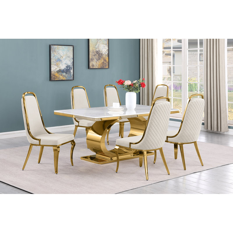 Ensemble de salle à manger rectangulaire 39 po de large Khiri, 7, Crème / doré, Or