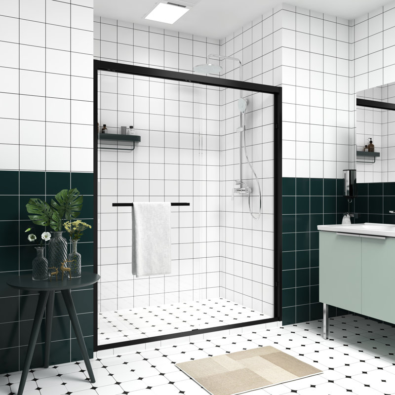 56 - Porte de douche double coulissante 56 po x 74 po avec quincaillerie noire, verre biseauté, installation réversible, poignée pour la salle de bain comme porte-serviettes
