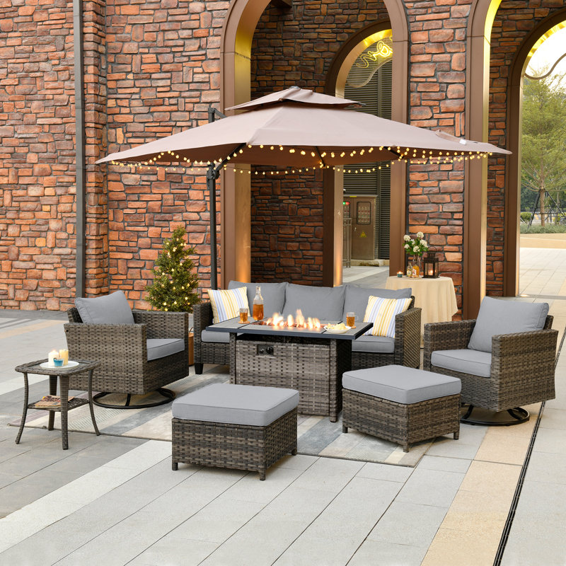 Lovall Wood Premium All-Weather Wicker 5 - Person Patio Conversation Set with Cushions, Dark Gray