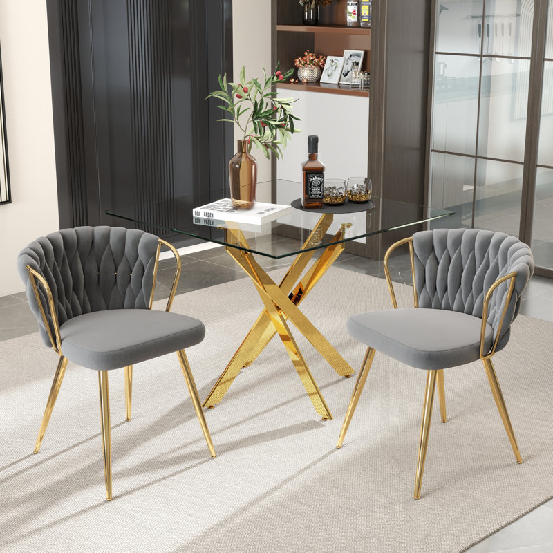 36in Square Glass Pedestal Dining Set, 3 Pieces: Table, 2 Chairs, Gray, Gold