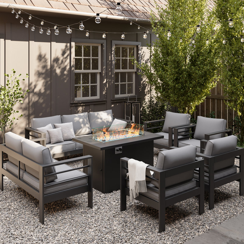 9-Person Sofa Seating Group With Fire Pit, Beige Cushion/Gray Frame
