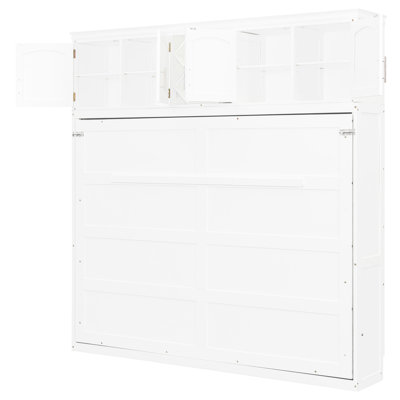 White Queen Wall Bed With Top Cabinets And Wine Rack, Ideal For Multi Rooms, Space Design, Easy To Operate Size White, In Small Spaces, Comfortable Sleep Flexible Slats