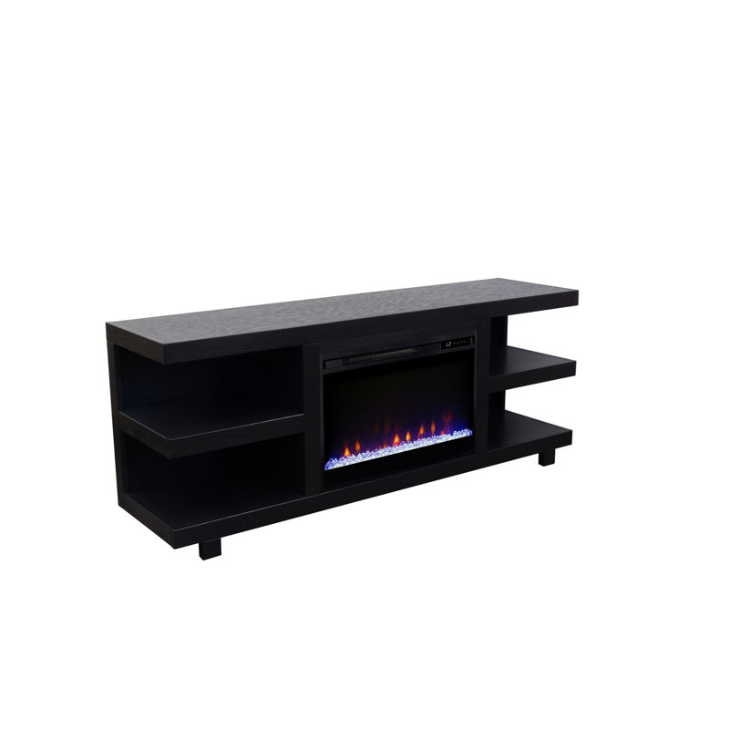 Meuble télé 65 po pour foyer, télécommande incluse, finition clou de girofle, hauteur 25 po, gestion des câbles en placages de chêne, bois massif et