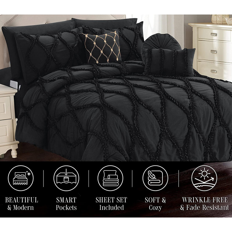 Mocassi 10pc Infinity Geometric Shapes Comforter, Black