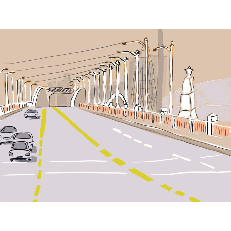 «Sixth Street Bridge» par Deborah Blum - Peinture, H 25,25 po x l 31,25 po, Papier avec cadre noir