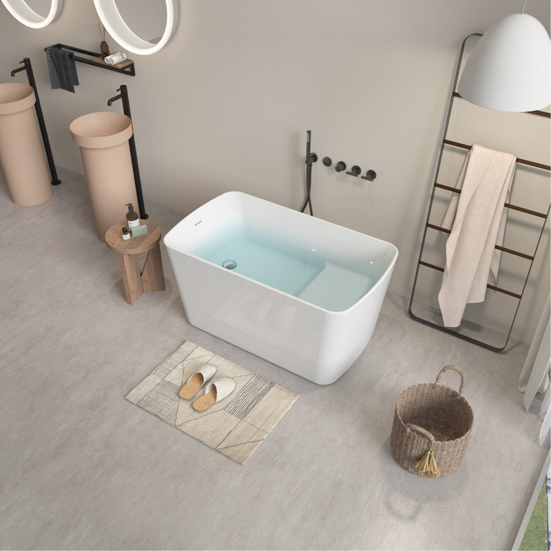 Acrylic Freestanding Soaking Bathtub, Square-Shape Japanese Soaking Hot Tub, Sit-In Design With Chrome Overflow And Drain