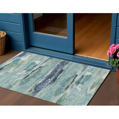 3' X 5' Sage Teal Blue And Navy Blue Abstract Washable Indoor Outdoor Area Rug