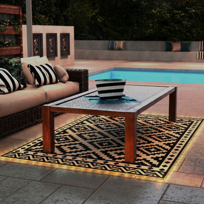 Reversible Outdoor Rug Carpet, 10' x 8' Waterproof PP Plastic Straw Rug, Portable RV Camping Mat with LED String Lights, Floor Mat Area, Black and White