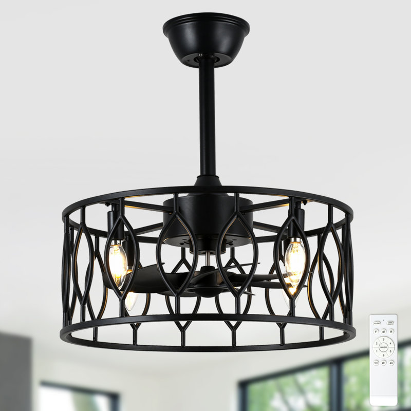 20 Inch Black Fandelier Ceiling Fan With Lights And Remote, Farmhouse Caged Enclosed 6 Speeds DC Motor Reversible Ceiling Fan For Bedroom