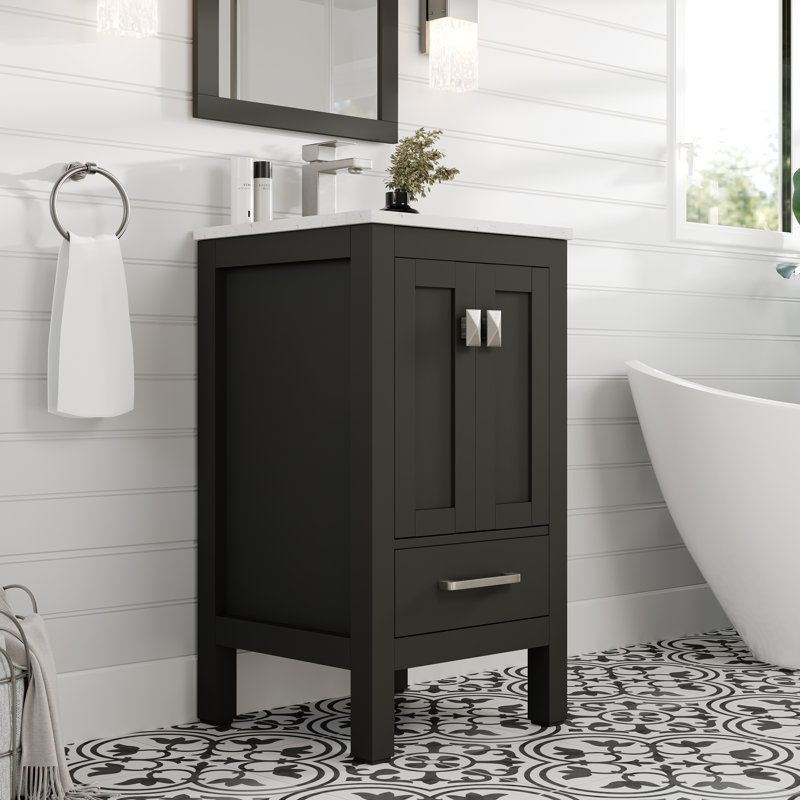 Meuble-lavabo avec comptoir et lavabo encastré en porcelaine l 20 po x P 18 po London, Quartz - blanc de Carrare, Espresso
