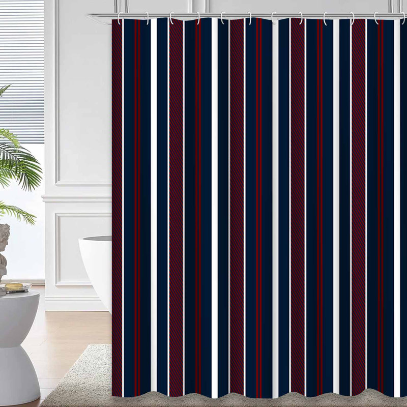 Rideau de douche rayé bleu rouge blanc marine avec 12 crochets, L 72 po x l 84 po