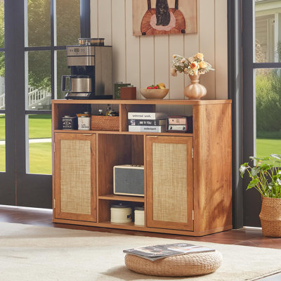 Rattan Wine Cabinet with 2 Doors, Boho Liquor Cabinet with Wine Racks, Farmhouse Coffee Bar Station for Living Room, Dining Room, Kitchen (Tea Brown)