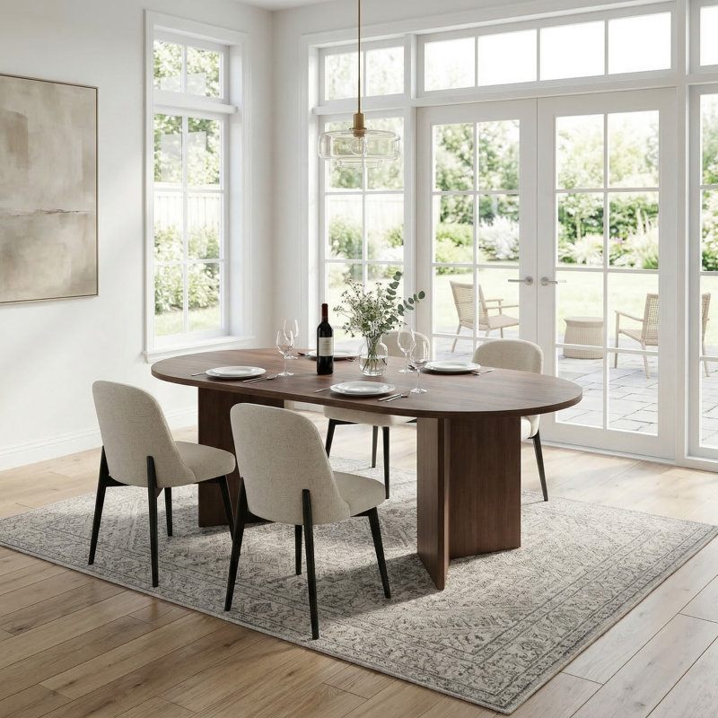 Modern 67" Double Pedestal Wood Dining Table Sets With 6 Upholstered Dining Chairs, Black, 7 Pieces: Table, 6 Chairs, Walnut