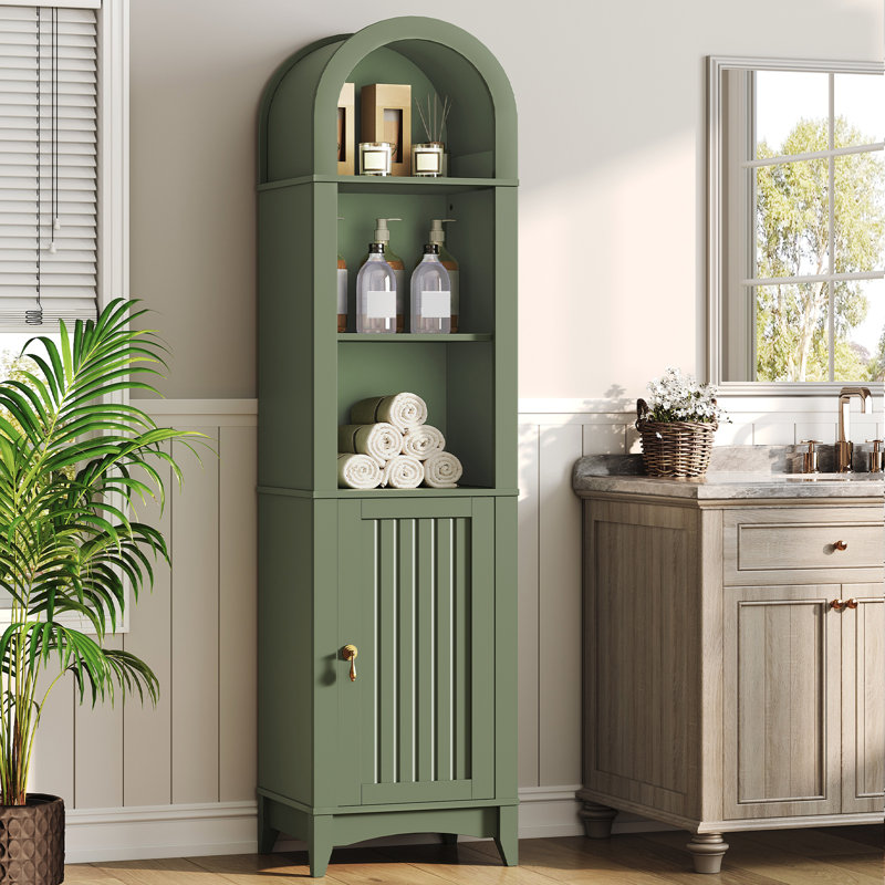 69.5" Tall Arched Bathroom Storage Cabinet with Fluted Doors and 5 Shelves, Space Saving Storage Unit, Green