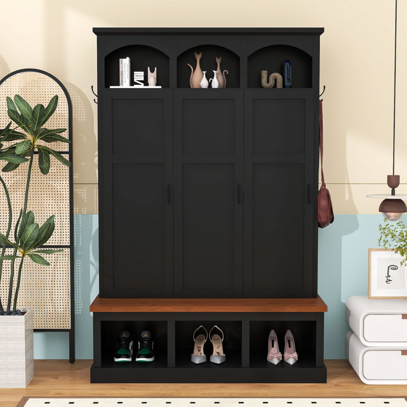 Hall Tree with Bench, 3 Hidden Cabinets and 5 Hooks, Black