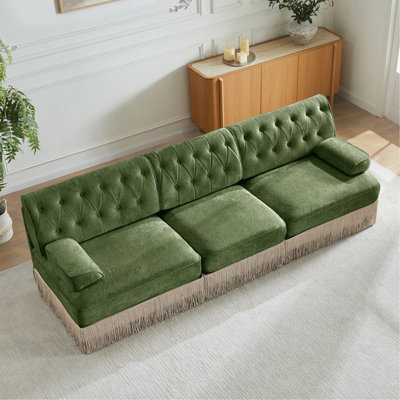 3-Seater High Quality Velvet Fabric,Cloud Modular Sectional,Tassel Skirt,Button Tufted Design,High-density High Resilience Foam,Easy to Assemble,Premium Wooden Base,For Living Room Study,Green