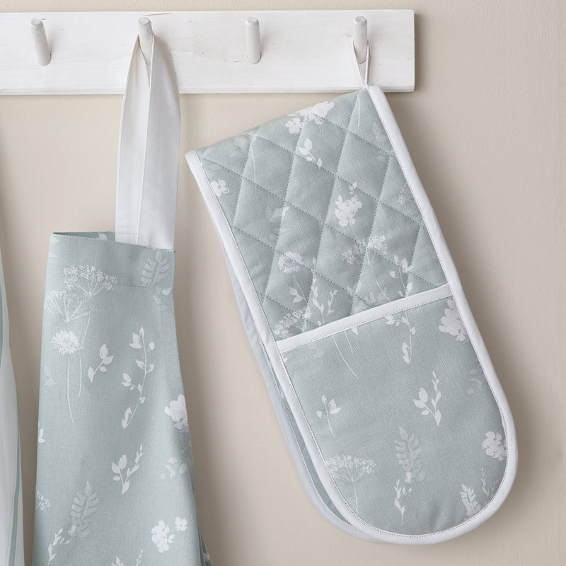 Meadowsweet Floral Cotton Double Oven Glove Grey, Green