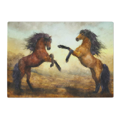 Tempered Glass Two Wild Stallion Horses Painting Chopping Board