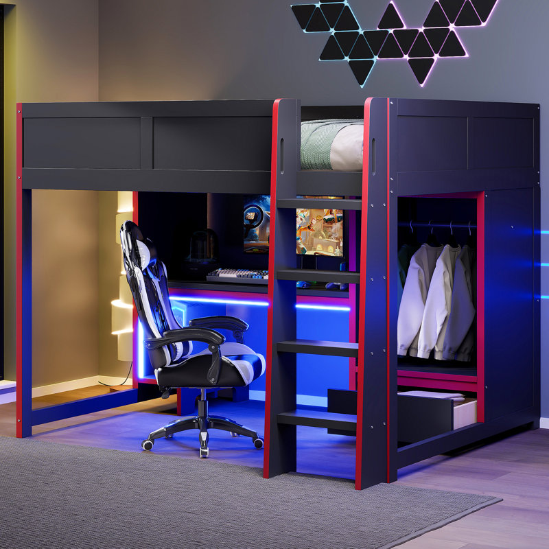 Lit double, lit mezzanine en bois, fini noir, bureau intégré, garde-robe, DEL, tiroir, rangement, expérience noir, peu encombrant, fonctionnel