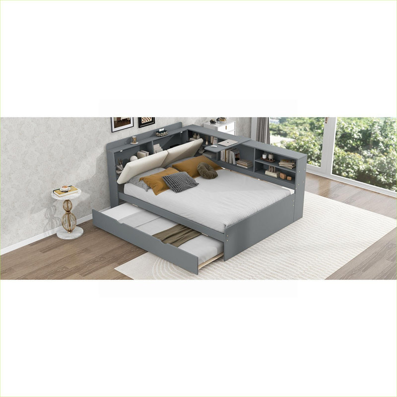 Upholstered Solid Wood Full Size Platform Bed With Trundle, Built-In Storage Headboard and Shelves, Neutral Gray, Gray