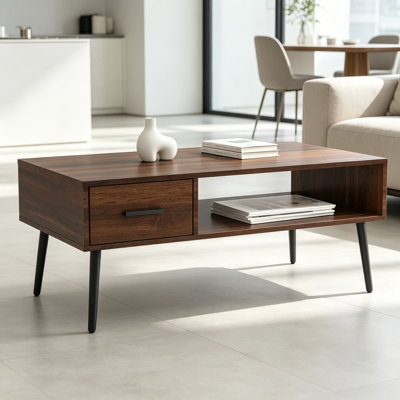 Mid Century Modern Coffee Table with Storage Drawer and Open Shelf, Walnut Finish Center Table for Living Room, Durable Particleboard and Solid Pine Legs, Floor-Anti-Scratching Design for Home or Office