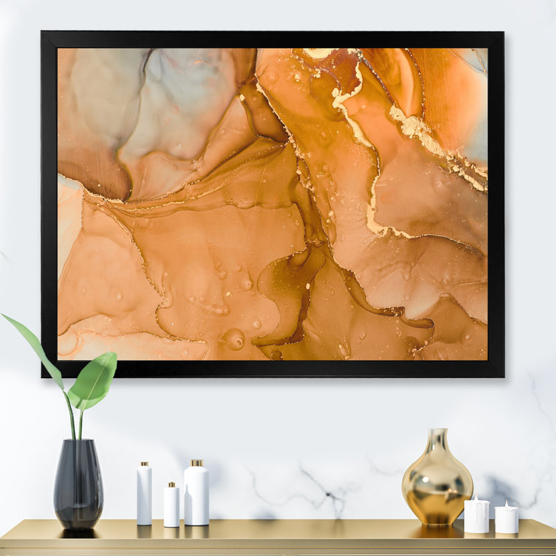 «Brown Luxury Abstract Fluid III», peinture sur toile, H 16 po x l 32 po x P 1 po, Cadre noir