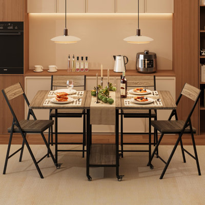Dining Table Set for 4, Folding Dining Table with 4 Folding Chairs, Drop Leaf Table and Chairs