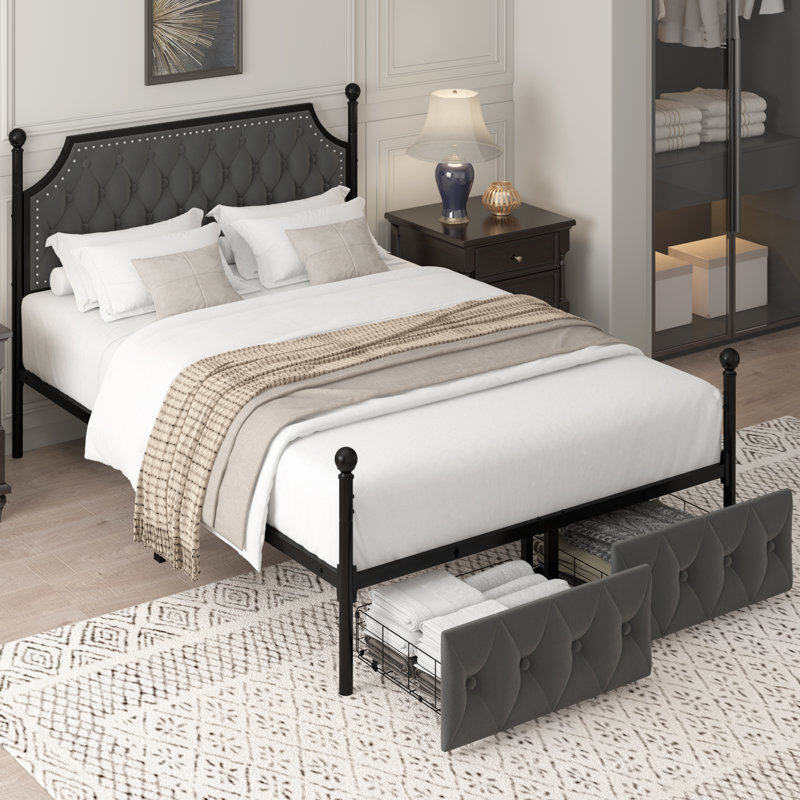 Artevious Upholstered Metal Canopy Storage Bed, Full, Dark Gray