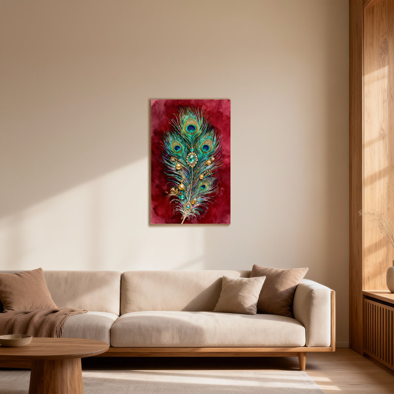 Plume de paon de Noël avec pierres précieuses sur fond rouge, H 36 po x l 24 po