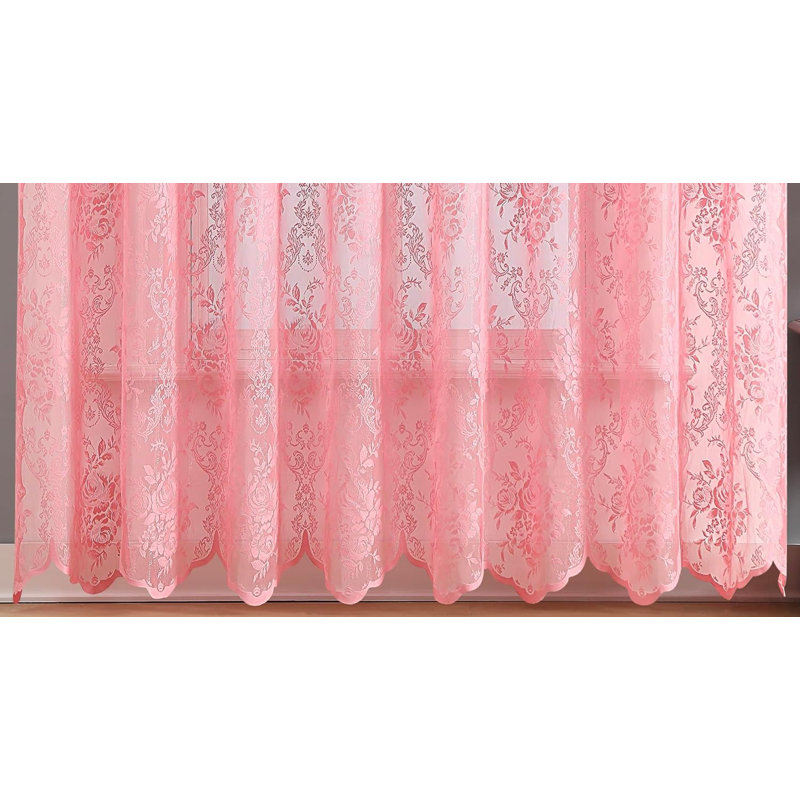 Rosdorf Park Pair Of 2 Sheer Lace Curtain Panels with Attached Matching Valance With 6 Tassels., 54" W x 96" L, Rose