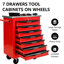 Rouge et noir, 7 tiroirs, chariot à outils à roulettes, roues, toit en acier inoxydable, garage, entrepôt, mécanisme de verrouillage universel, poignée à tirer d'un côté, glissières de tiroir à roulement multifonctionnelles, tiroir, réparation