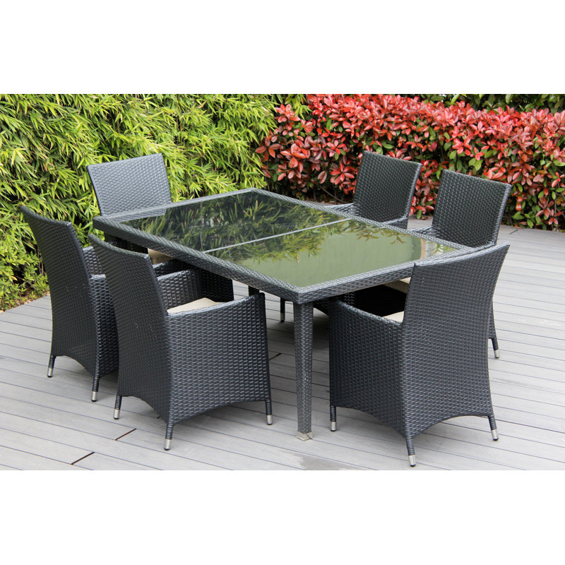 Pavior 6 - Person Wicker Patio Dining Set with Rectangular Table , Cushions Included, Antique Beige Sunbrella® Canvas, Black