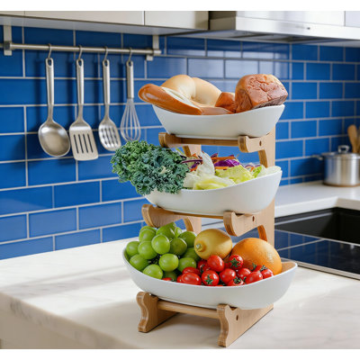 3-Tier Bamboo Ceramic Fruit Bowl, Space-Saving Kitchen Counter Snack Cake Stand, Multifunctional Storage Gift
