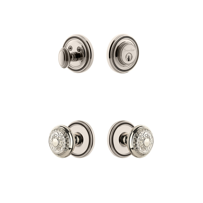 Ensemble d'entrée complet soleil rosette avec pêne dormant cylindrique simple et bouton Windsor, Nickel poli, 2-3/4"