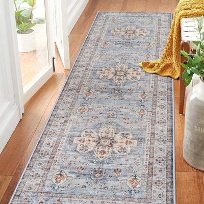 Washable Hallway Rug: Non Slip Rugs with Rubber Backing Soft Kitchen Rug Farmhouse Distressed Carpet for Living Room Bedroom Bathroom (Blue)