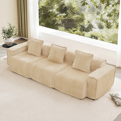 Canapé modulaire à 3 sièges profonds avec passepoil à bordure française, sans assemblage requis, canapé modulaire moderne à 3 places avec coussins décoratifs, tissu velours clair chameau