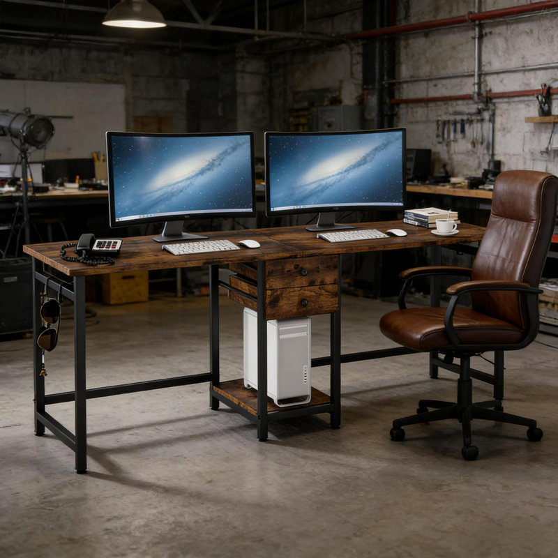 Bureau double, bureau d'ordinateur, bureau à deux places, table de jeu, Brun rustique / noir